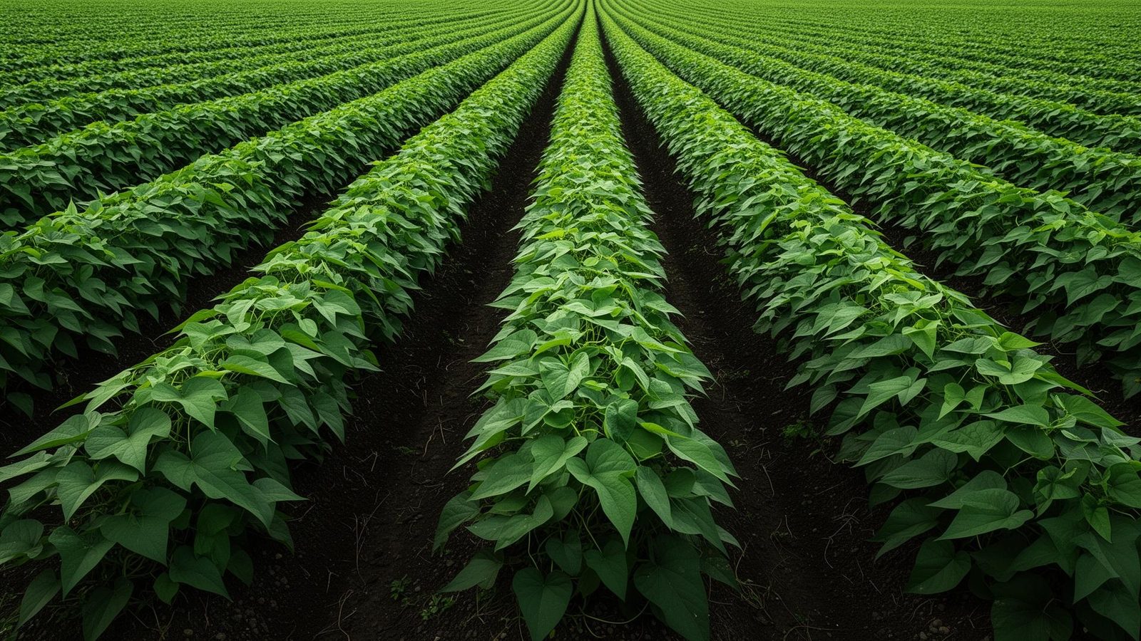 Green yam crop rows stretching to the horizon across a vast farm field